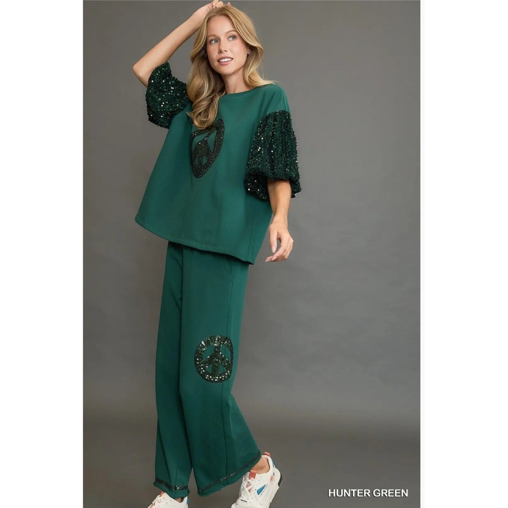 Umgee‎ USA Green Peace Sign Sequin Wide Leg Lounge Pants Size L